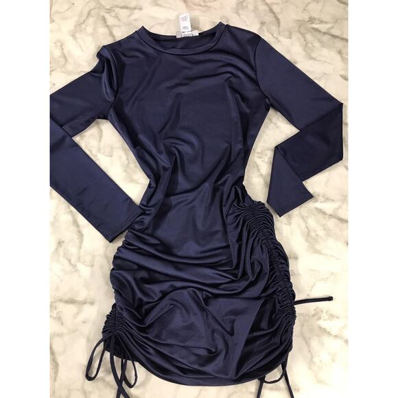 B Darlin Dress Ruched Bodycon Mini 7/8 Satin Silky Smooth Party Cocktail Blue - Picture 1 of 9